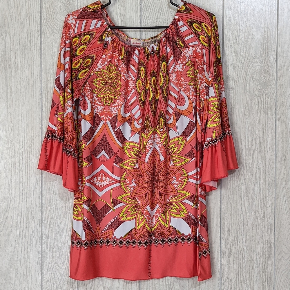 R Rouge Peasant Top M  Flared Ruffled Sleeves COLORFUL Stretchy